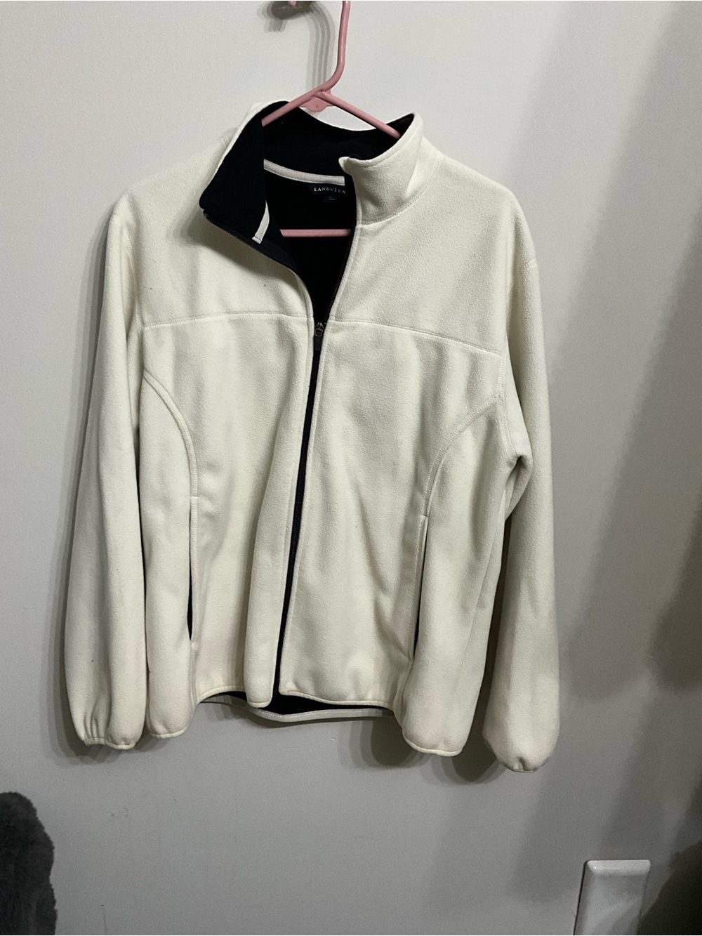 Lands' End Women's Cream Full-Zip Teddy Fleece Jacket with Black Trim